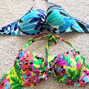 TWO Aerie halter bikini tops size 36D floral blue